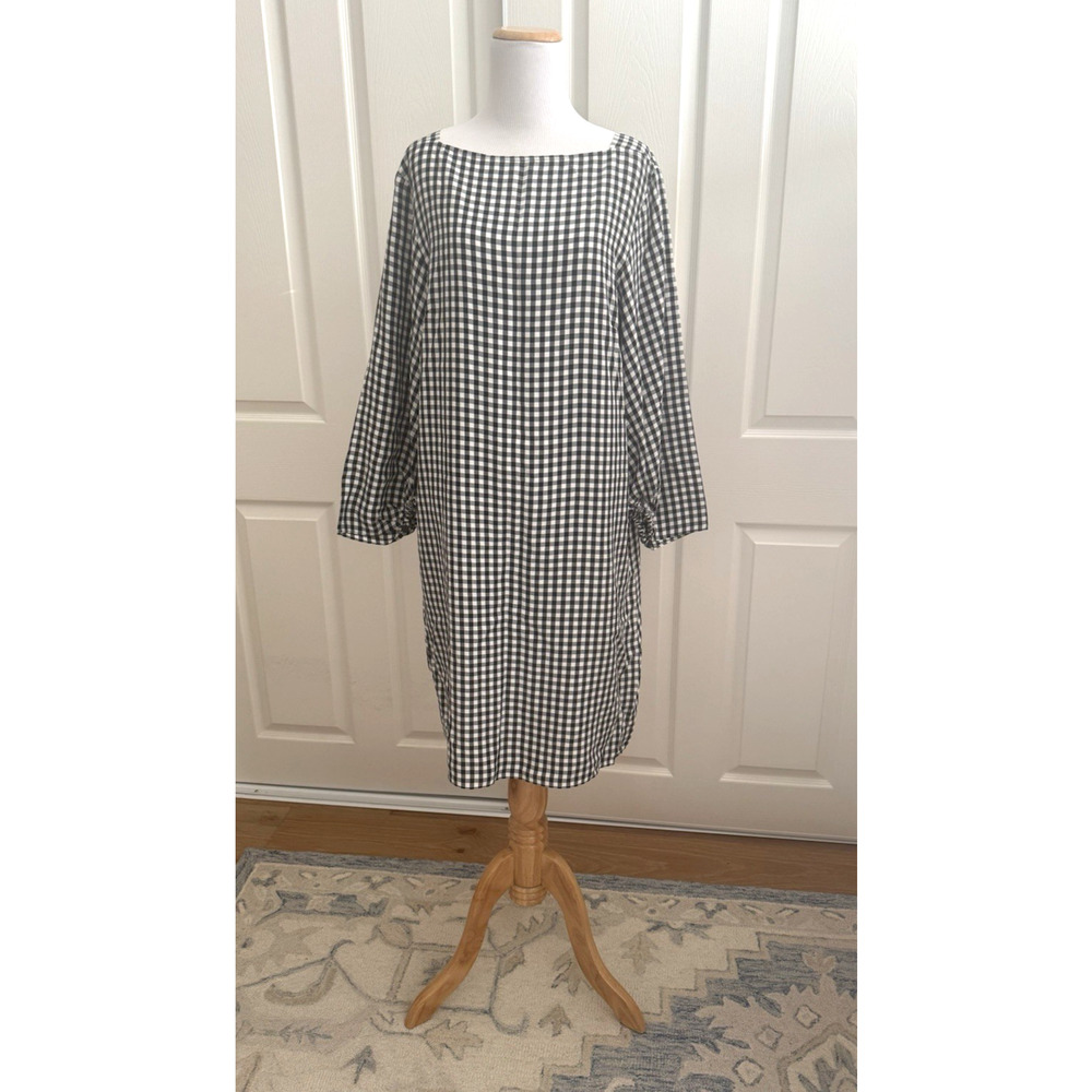 Tibi Dress 10 Black White Check Silky Viscose Straight Lightweight Midi Pullover